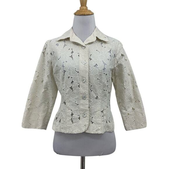 Cabi Jacket Women Small Off White Portrait Lace Floral 3/4 Sleeve Cropped Button - Picture 1 of 15
